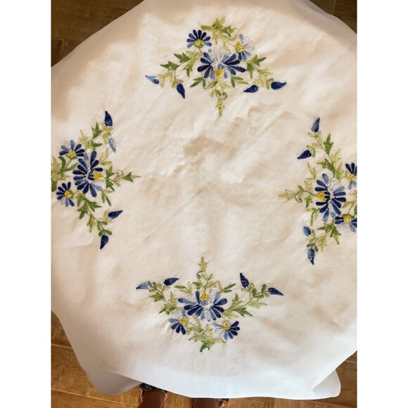 VTG Embroidered Sheer Table Cover 4 Matching Beverage Napkins Blue Green Floral - Picture 11 of 16
